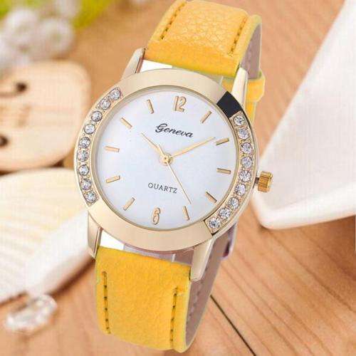FASHION GENEVA WOMAN'S WATCH WITH YELLOW FAUX LEATHER STRAP AND CRYSTAL INLAY ON BODY