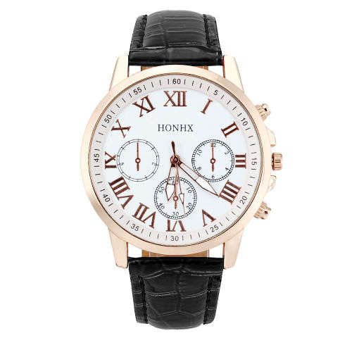 WOMAN'S  WHITE FACE ROMAN NUMERALS WITH BLACK FAUX LEATHER STRAP
