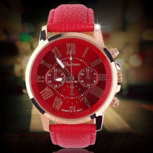 RAVENOUS RED GENEVA ROMAN NUMERAL ANALOG QUARTZ  WATCH WITH RED FAUX LEATHER