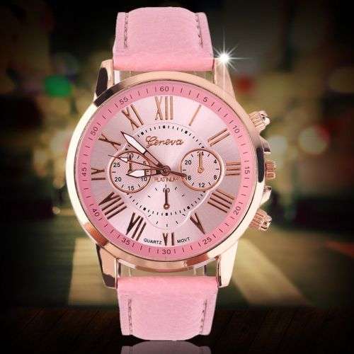 GENEVA PINK DIAL WATCH WITH ROMAN NUMERALS PRETTY PINK FAUX LEATHER STRAP