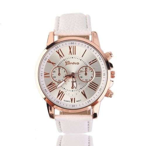 OFF WHITE FACE AND STRAP  GENEVA DIAL GOLD CASE WITH ROMAN NUMERALS  LADIES STUNNING WATCH