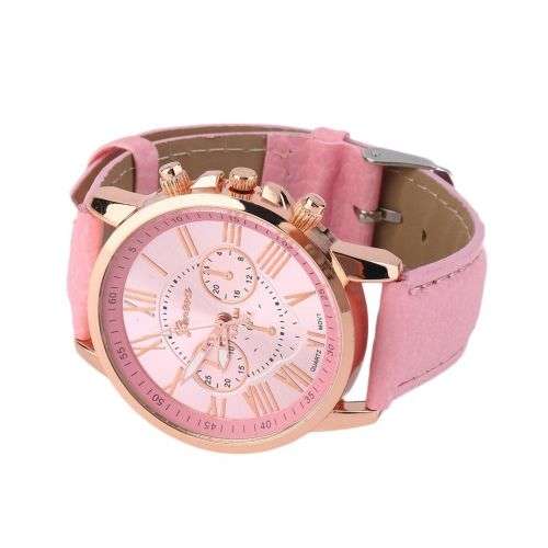 GENEVA  WOMANS PINK ROMAN NUMERALS ANALOG QUARTZ WRISTWATCH WITH FAUX LEATHER STRAP