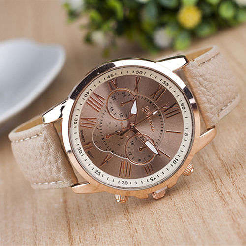 SANWOOD WOMANS CREAM ROMAN NUMERALS ANALOG QUARTZ WRISTWATCH WITH FAUX LEATHER STRAP