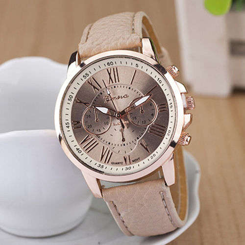SANWOOD WOMANS CREAM ROMAN NUMERALS ANALOG QUARTZ WRISTWATCH WITH FAUX LEATHER STRAP