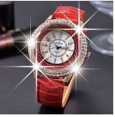 GO-GOEY RED 2 ROW CRYSTAL AND MOTION CRYSTALS WOMAN'S ANALOG QUARTZ FAUX RED LEATHER BAND WATCH