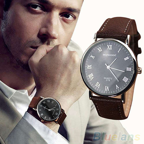NEW-SANWOOD MEN'S ROMAN NUMERAL QUARTZ DRESS WATCH WITH "BLACK" FAUX LEATHER STRAP