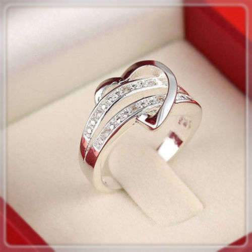 GIFT  OF LOVE - SILVER FILLED MODERN HEART AND CRYSTAL RING - SIZE (9) R3/4