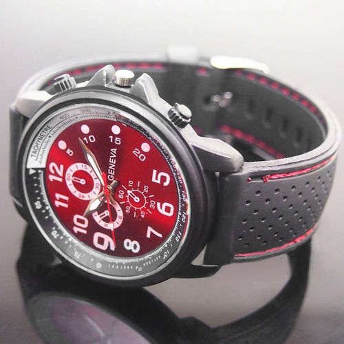 GENEVA MENS RED DIAL SPORTS WATCH QUARTZ ANALOG  WATCH WITH BLACK SILICONE STRAP