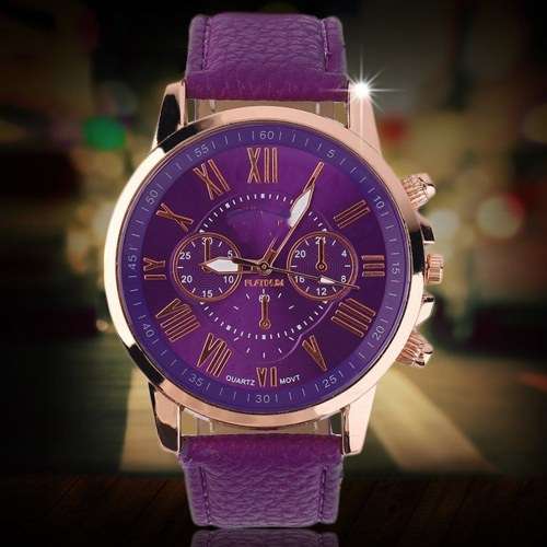 DEEP PURPLE DIAL WATCH WITH ROMAN NUMERALS, AND FAUX LEATHER STRAP