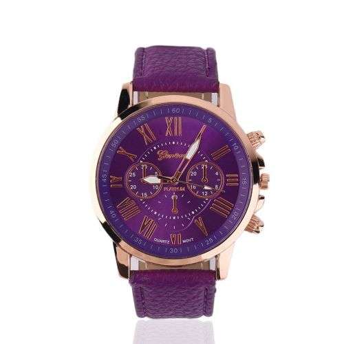 DEEP PURPLE DIAL WATCH WITH ROMAN NUMERALS, AND FAUX LEATHER STRAP
