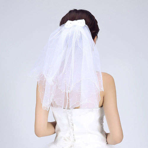 STRIKING WHITE BRIDAL VEIL  - BOW WITH RHINESTONES ON COMB WITH SCOLLOPED EDGING AND PEARL DETAIL