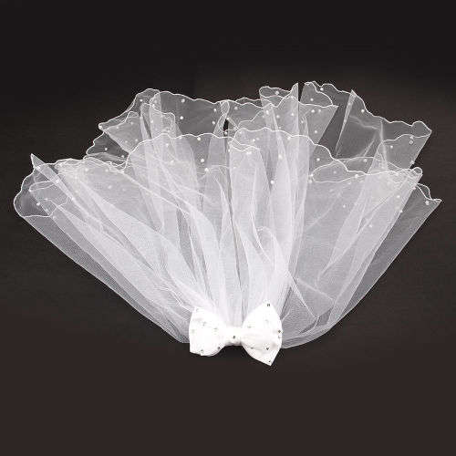 STRIKING WHITE BRIDAL VEIL  - BOW WITH RHINESTONES ON COMB WITH SCOLLOPED EDGING AND PEARL DETAIL