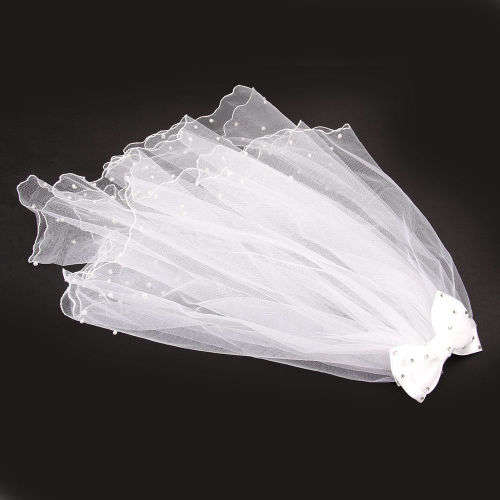 STRIKING WHITE BRIDAL VEIL  - BOW WITH RHINESTONES ON COMB WITH SCOLLOPED EDGING AND PEARL DETAIL