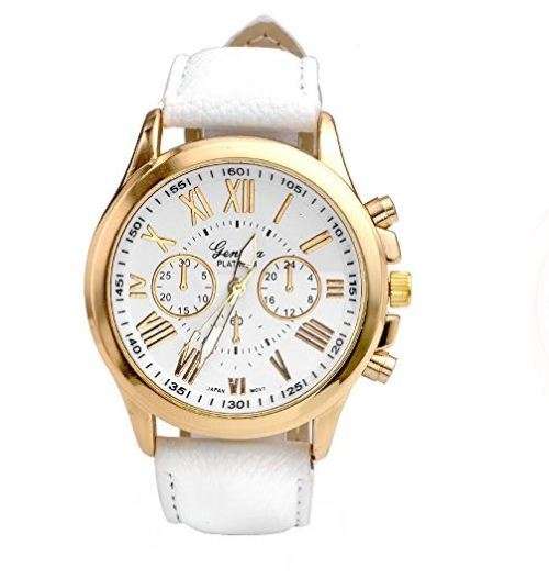PURE WHITE FACE AND STRAP  GENEVA DIAL YELLOW GOLD CASE WITH ROMAN NUMERALS  LADIES STUNNING WATCH