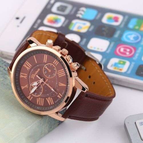 BEAUTIFUL BROWN GENEVA ROMAN NUMERAL ANALOG QUARTZ  WATCH WITH RED FAUX LEATHER