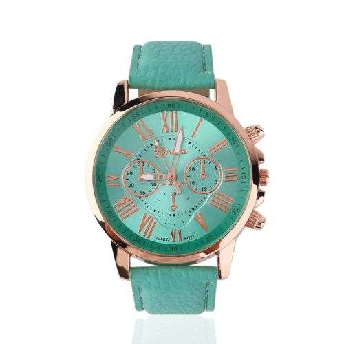 EXQUISITE GENEVA  WOMENS  TEAL  ROMAN NUMERALS ANALOG QUARTZ WRISTWATCH WITH FAUX LEATHER STRAP
