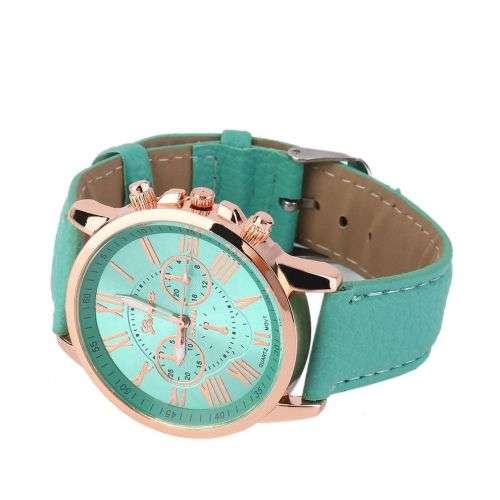 EXQUISITE GENEVA  WOMENS  TEAL  ROMAN NUMERALS ANALOG QUARTZ WRISTWATCH WITH FAUX LEATHER STRAP