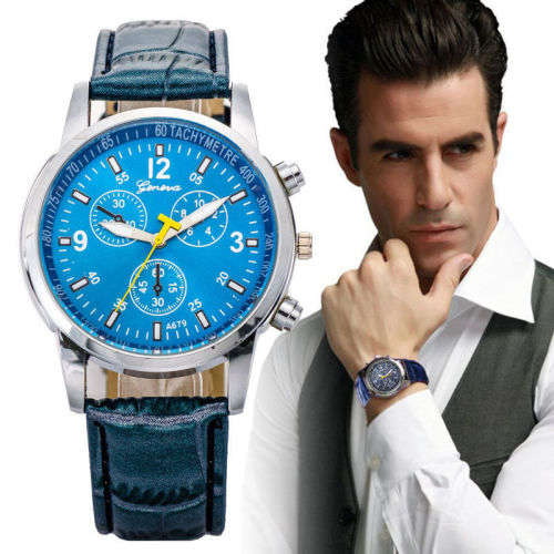 MASCULINE AND STYLISH  -  MEN'S GENEVA DRESS WATCH - BLUE FACE AND STRAP WITH SILVER DETAIL