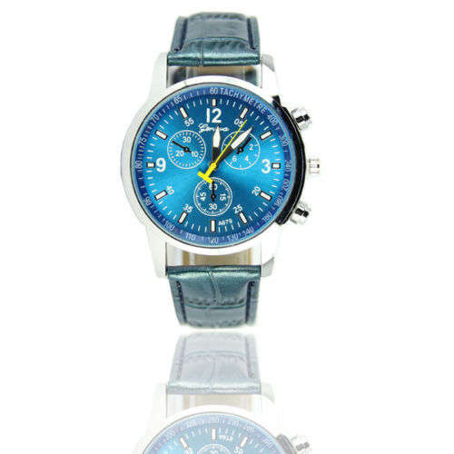MASCULINE AND STYLISH  -  MEN'S GENEVA DRESS WATCH - BLUE FACE AND STRAP WITH SILVER DETAIL