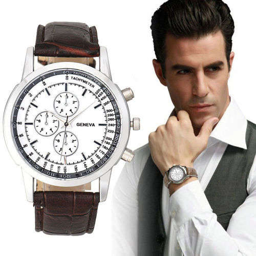 NEW GENEVA MEN'S WHITE DIAL WRIST WATCH WITH BROWN CROCODILE FAUX LEATHER STRAP