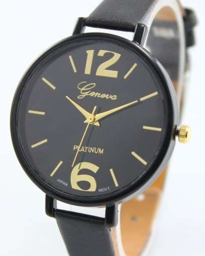 GENEVA-WOMEN'S THIN STRAP QUARTZ ANALOG WRISTWATCH WITH BLACK-FAUX-LEATHER STRAP