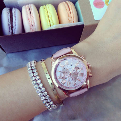 GENEVA  WOMANS PINK ROMAN NUMERALS ANALOG QUARTZ WRISTWATCH WITH FAUX LEATHER STRAP