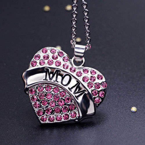 PERFECT GIFT FOR MOM'S   - MOM HEART PENDANT AND CHAIN - SILVER ALLOY AND PINK CRYSTALS