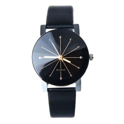 WOMAN'S ELEGANT BLACK FACED FASHION ANALOG QUARTZ DRESS WRIST WATCH WITH BLACK PU LEATHER STRAP