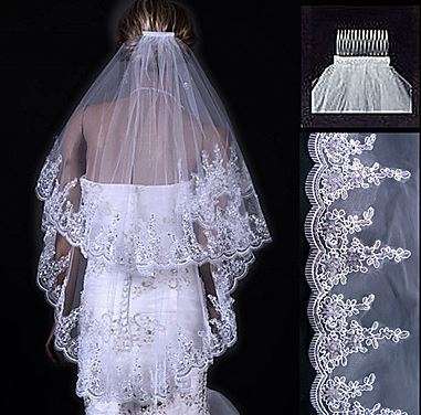 LUXURIOUS AND GORGEOUS  -  WHITE - 1 M 2 TIER  VEIL WITH LACE EDGE - WITH COMB