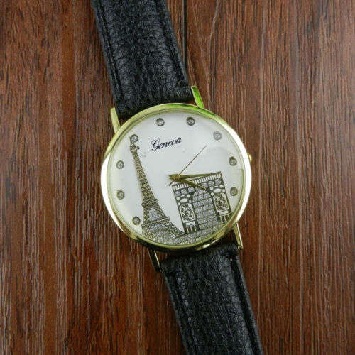 GENEVA DIAL DEPICTING EIFFEL TOWER IN GOLD & SILVER QUARTZ ANALOG LADIES STUNNING WATCH