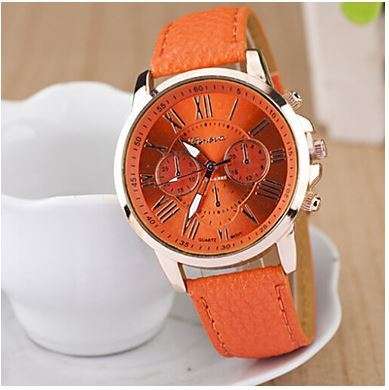 WOMAN CHIC CHARMING ORANGE FACE GENEVA ROMAN NUMERAL QUARTZ  WATCH WITH FAUX LEATHER STRAP