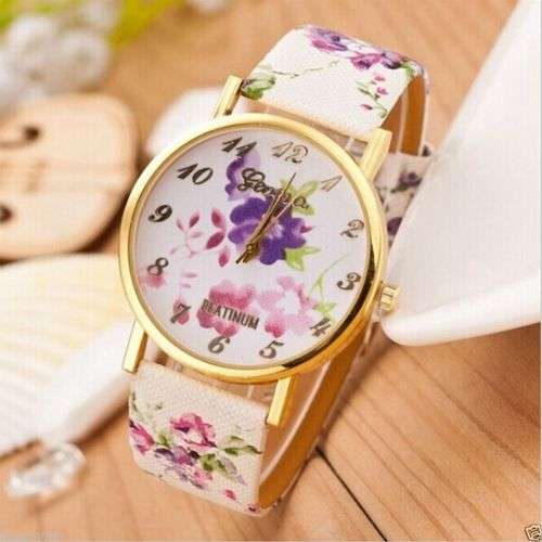 WOMAN'S GENEVA PLATINUM FLORAL PRINT  - MAUVE / PURPLE QUARTZ ANALOG WATCH