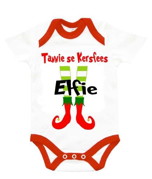 "TANNIE SE KERSFEES ELFIE" AFRIKAANS WORDING  UNISEX - SHORT SLEEVE BABYGROW -  12 - 18  MONTHS