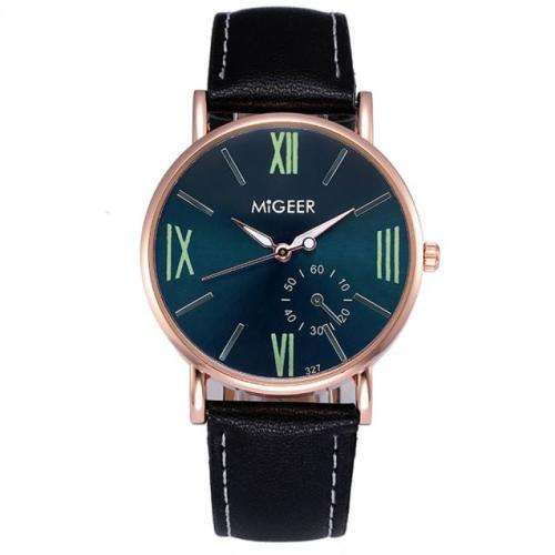 FASHION MEN'S BLACK FACE ROMAN NUMERAL WRIST WATCH  WITH BLACK FAUX LEATHER STRAP