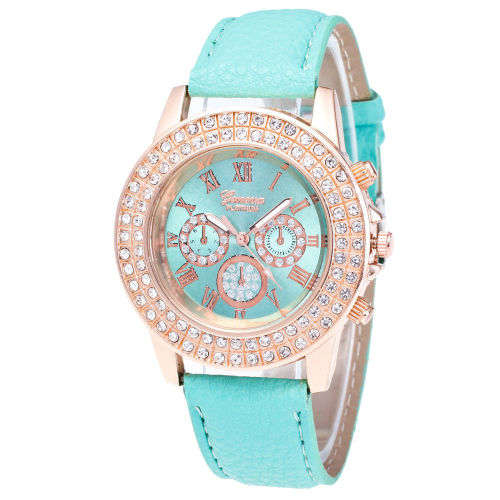 GREEN FACE 2 ROW CRYSTAL GENEVA WOMANS ANALOG QUARTZ WITH GREEN FAUX  LEATHER BAND WATCH