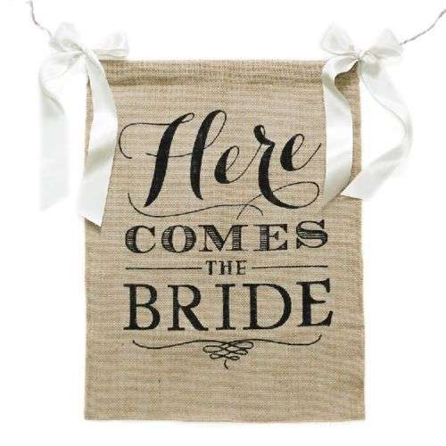WEDDING DAY "HERE COMES THE BRIDE"  BURLAP & WHITE SATIN RIBBON SIGNS FOR DECOR