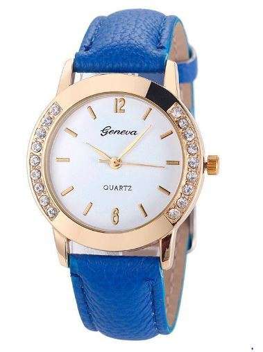 HOT!!! GENEVA WOMEN'S CRYSTAL ANALOG  QUARTZ DRESS WATCH WITH BLUE FAUX LEATHER STRAP