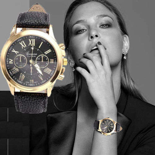GENEVA PLATINUM GOLD BLACK DIAL WITH ROMAN NUMERALS QUARTZ ANALOG LADIES STUNNING WATCH