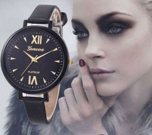 GENEVA-WOMEN'S THIN STRAP QUARTZ ANALOG WRISTWATCH WITH BLACK-FAUX-LEATHER STRAP