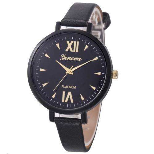 GENEVA-WOMEN'S THIN STRAP QUARTZ ANALOG WRISTWATCH WITH BLACK-FAUX-LEATHER STRAP