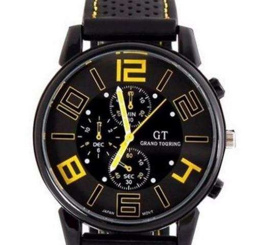 MEN'S GT GRAND TOURING  SERIES  STAINLESS STEEL ANALOG SPORTS WATCH BLACK FACE YELLOW NUMERALS