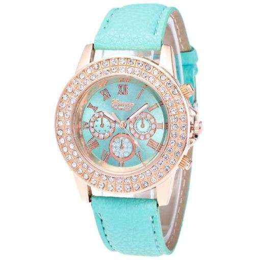 GENEVA MINT GREEN - 2 ROW CRYSTAL WOMEN'S ANALOG QUARTZ FAUX  LEATHER BAND WATCH