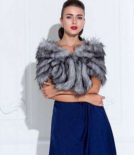 BRIDAL FAUX FUR SHOULDER SHAWL, WRAP, BOLERO  - BLACK AND GREY