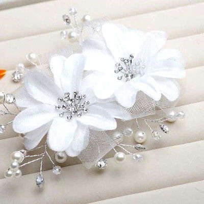 WHITE WEDDING BRIDAL FLORAL TIARA BAND WITH CRYSTALS, FAUX PEARLS AND SHINY FACETED CLEAR BEADS