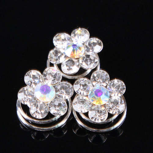 6 PCS BRIDAL HAIR JEWELLERY SET -  SPIRAL COILS WITH RHINESTONE FLOWERS - HAIR ACCESSORY