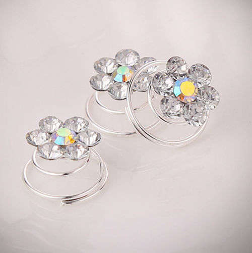 6 PCS BRIDAL HAIR JEWELLERY SET -  SPIRAL COILS WITH RHINESTONE FLOWERS - HAIR ACCESSORY