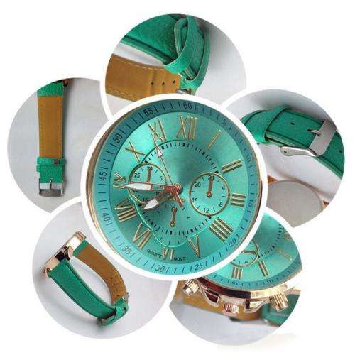 VOGUE WOMAN'S TEAL ROMAN NUMERALS ANALOG QUARTZ WRISTWATCH WITH FAUX LEATHER STRAP