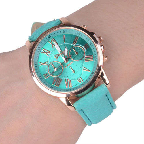 VOGUE WOMAN'S TEAL ROMAN NUMERALS ANALOG QUARTZ WRISTWATCH WITH FAUX LEATHER STRAP