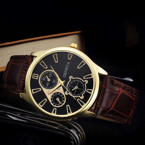 GENEVA BUSINESS MEN'S ANALOG QUARTZ  WATCH WITH DARK BROWN STRAP