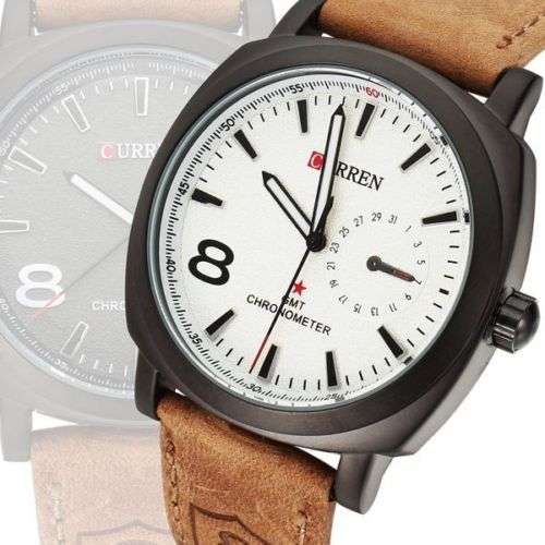 WHITE  CURREN MODEL 8139 SPORTS WATCH WITH GENUINE LEATHER STRAP QUARTZ WRISTWATCH